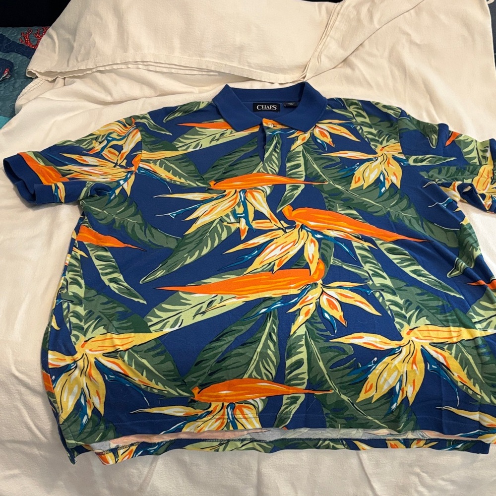 Chaps Men's Blue and Orange Tropical Polo Shirt